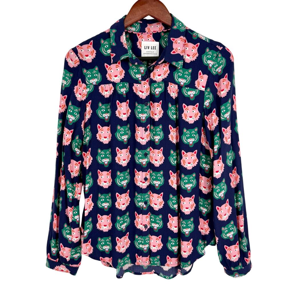 Anthropologie Liv Lee Small Navy Tigers Whimsy Buttondown Shirt Blouse Top - Picture 2 of 9